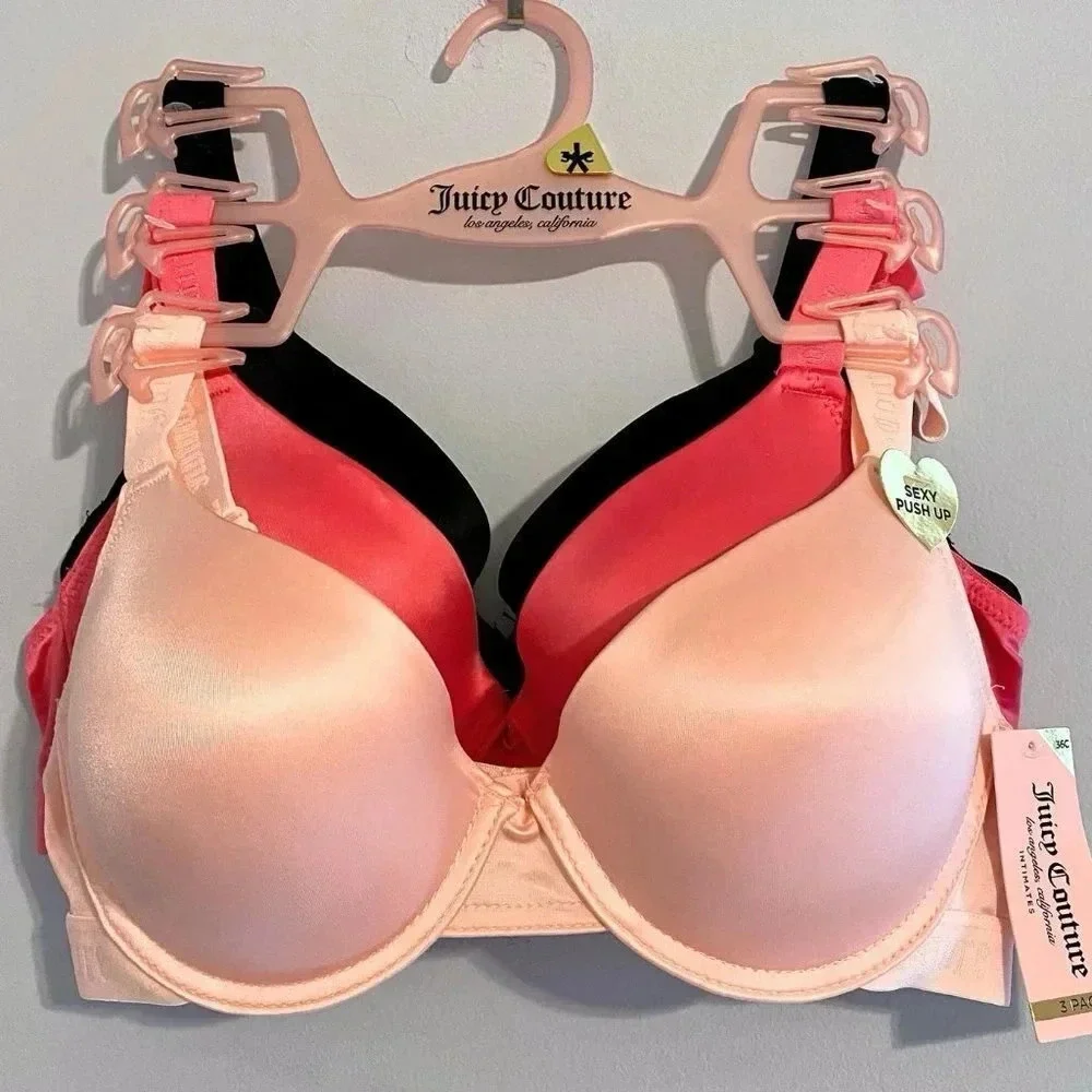 Juicy Couture Bra Sexy Push Up Pink Black 3 Bras Set size 34B NWT